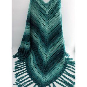 Handmade Knit Poncho w/Fringe XL Teal Green (A1-5)